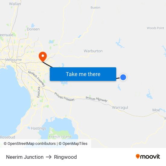 Neerim Junction to Ringwood map