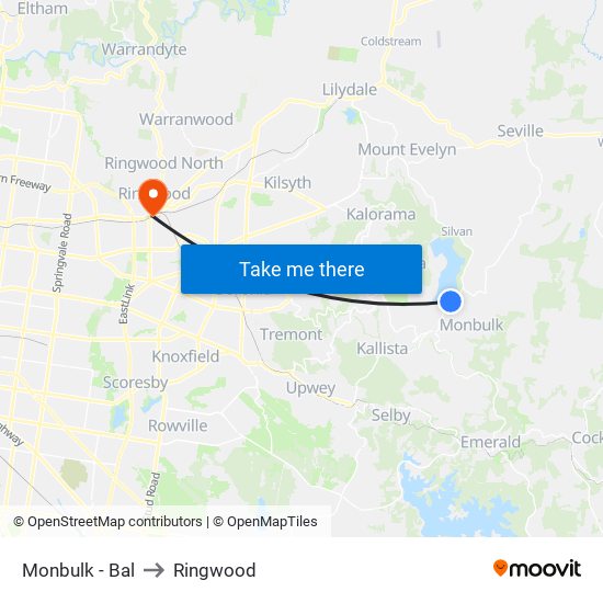 Monbulk - Bal to Ringwood map