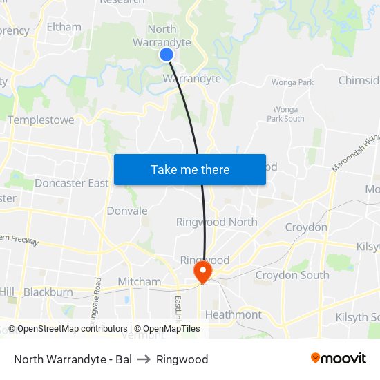 North Warrandyte - Bal to Ringwood map