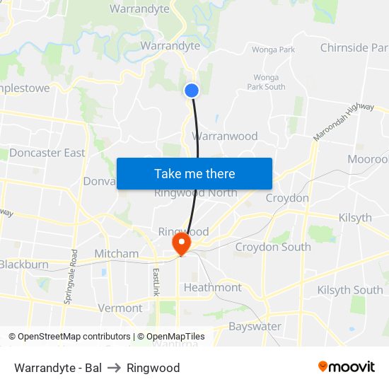 Warrandyte - Bal to Ringwood map