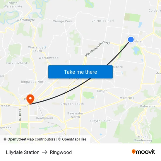 Lilydale Station to Ringwood map