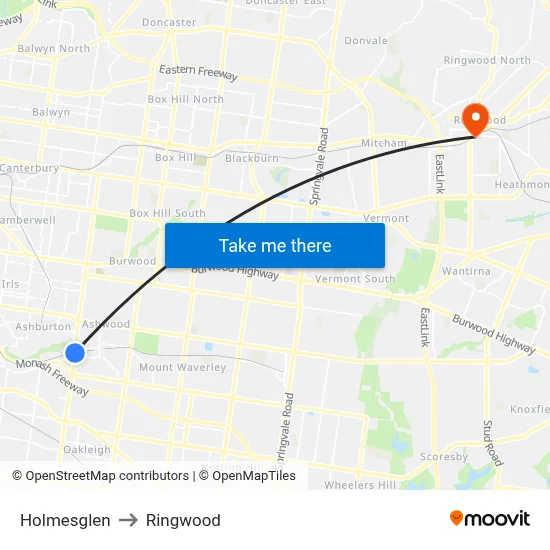 Holmesglen to Ringwood map