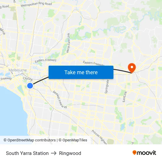 South Yarra Station to Ringwood map