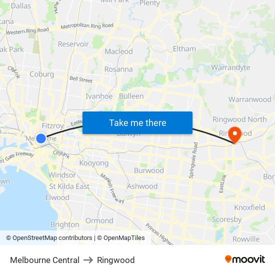 Melbourne Central to Ringwood map