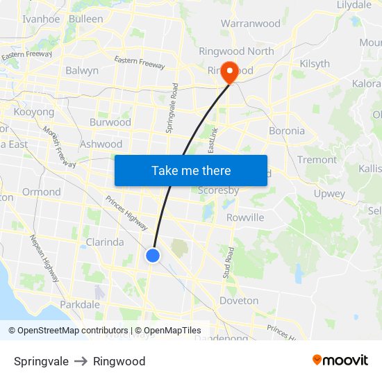 Springvale to Ringwood map
