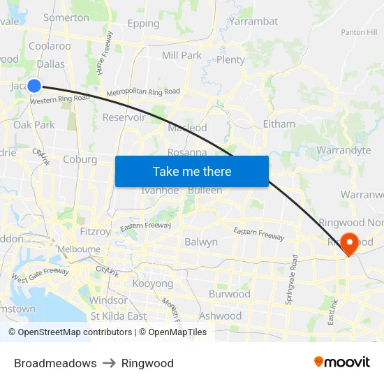 Broadmeadows to Ringwood map