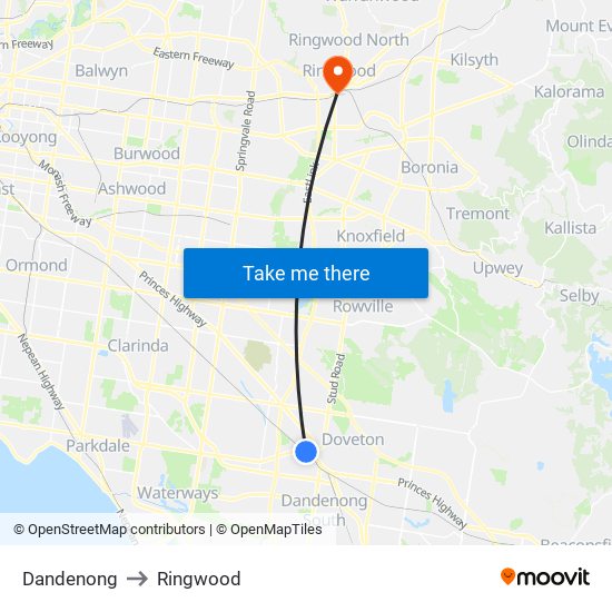 Dandenong to Ringwood map