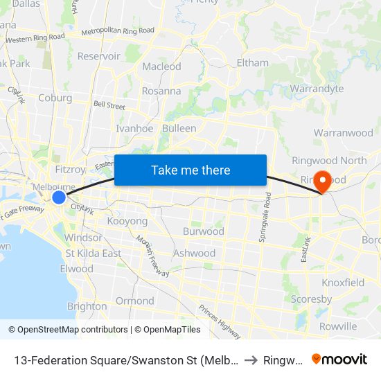 13-Federation Square/Swanston St (Melbourne City) to Ringwood map