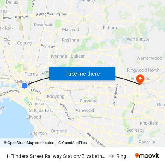 1-Flinders Street Railway Station/Elizabeth St (Melbourne City) to Ringwood map