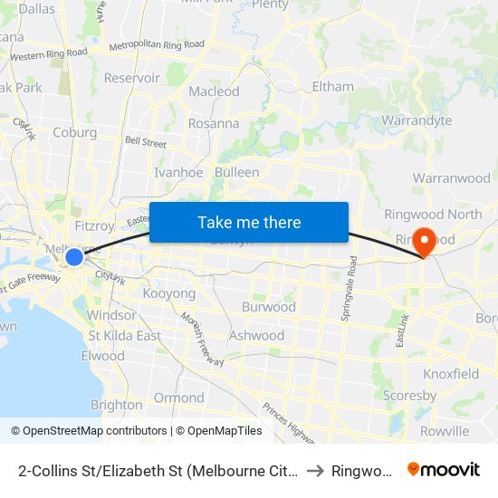 2-Collins St/Elizabeth St (Melbourne City) to Ringwood map