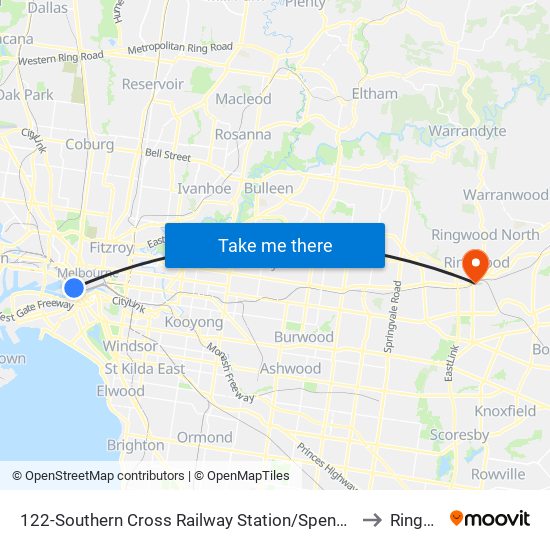 122-Southern Cross Railway Station/Spencer St (Melbourne City) to Ringwood map