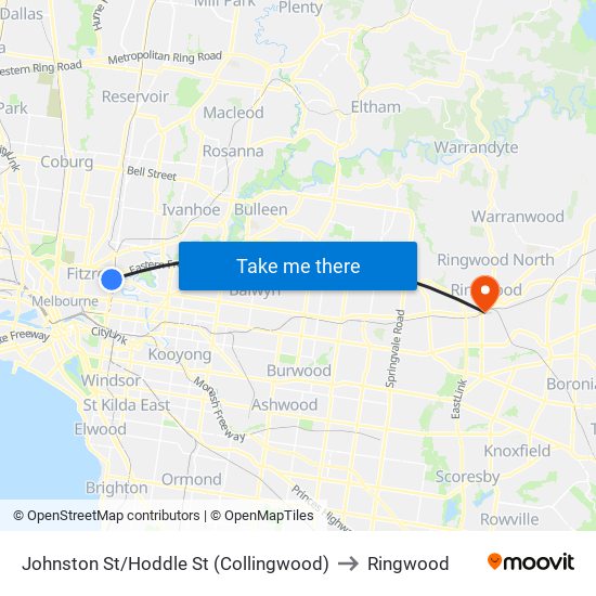 Johnston St/Hoddle St (Collingwood) to Ringwood map