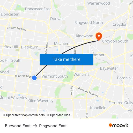 Burwood East to Ringwood East map