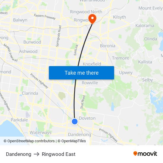 Dandenong to Ringwood East map