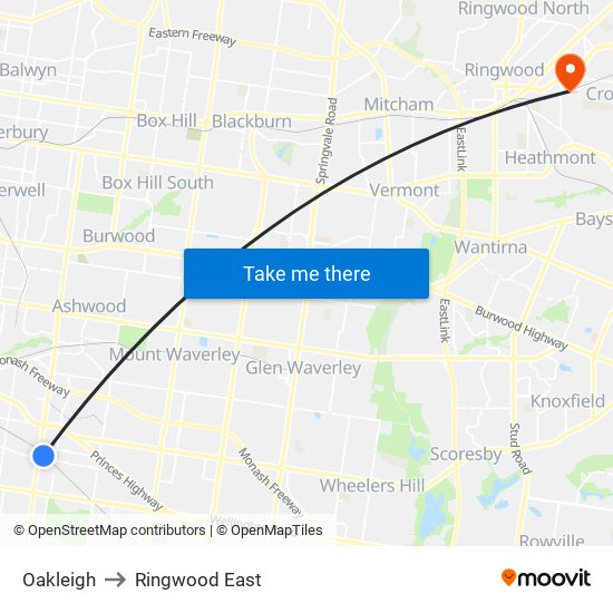 Oakleigh to Ringwood East map