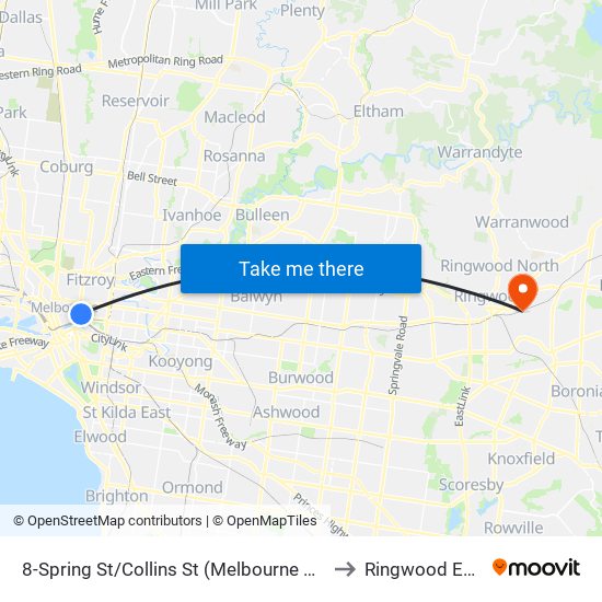 8-Spring St/Collins St (Melbourne City) to Ringwood East map