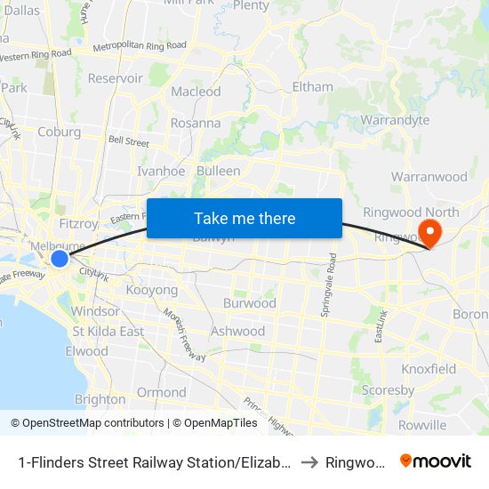 1-Flinders Street Railway Station/Elizabeth St (Melbourne City) to Ringwood East map