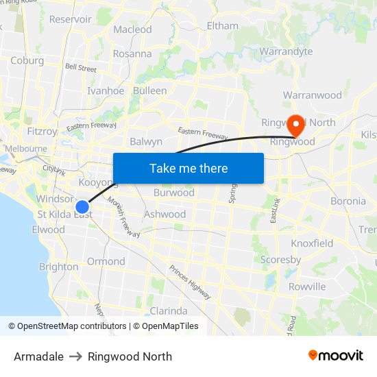 Armadale to Ringwood North map