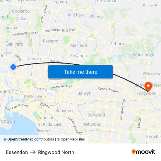 Essendon to Ringwood North map