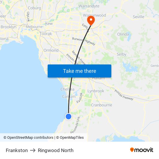 Frankston to Ringwood North map