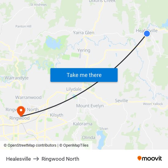 Healesville to Ringwood North map