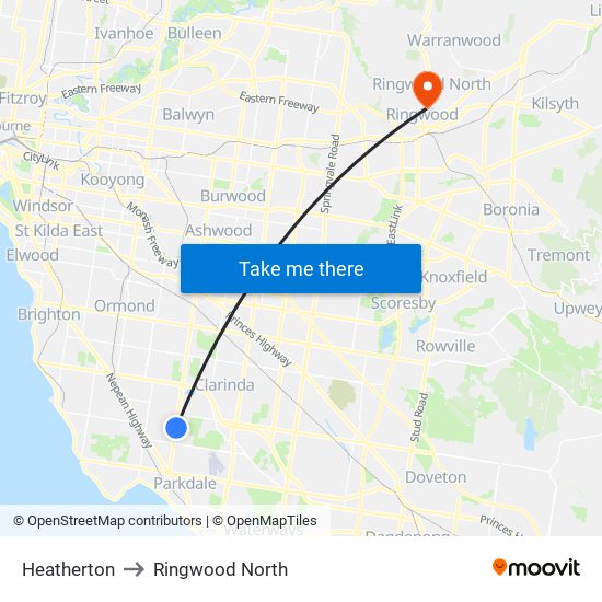 Heatherton to Ringwood North map