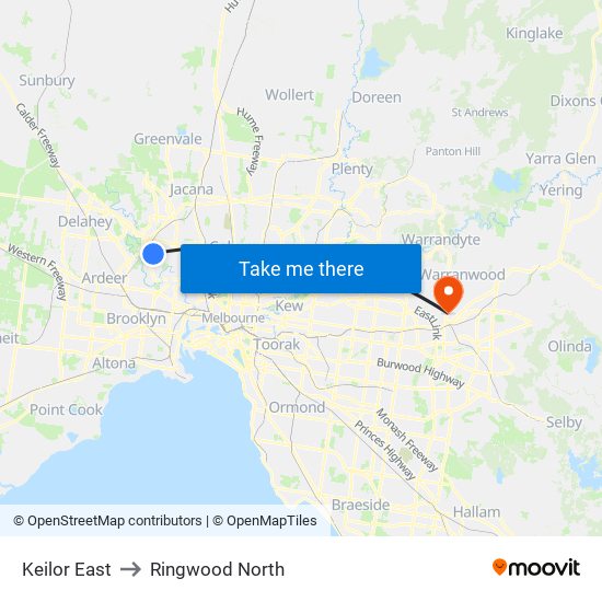 Keilor East to Ringwood North map