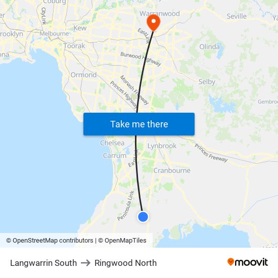 Langwarrin South to Ringwood North map