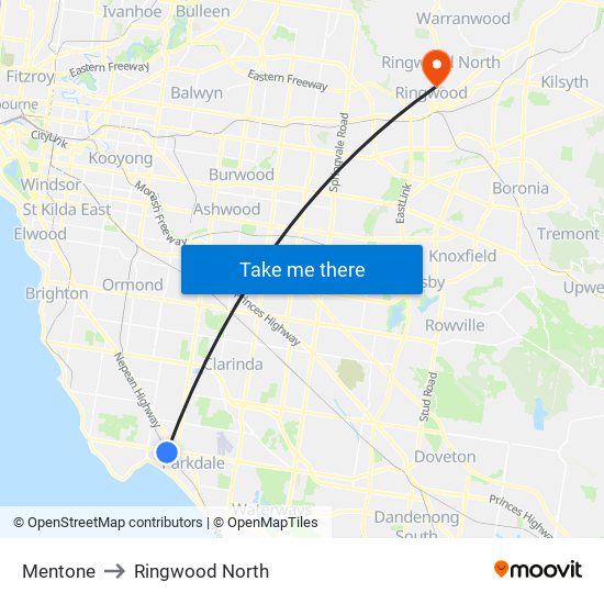 Mentone to Ringwood North map