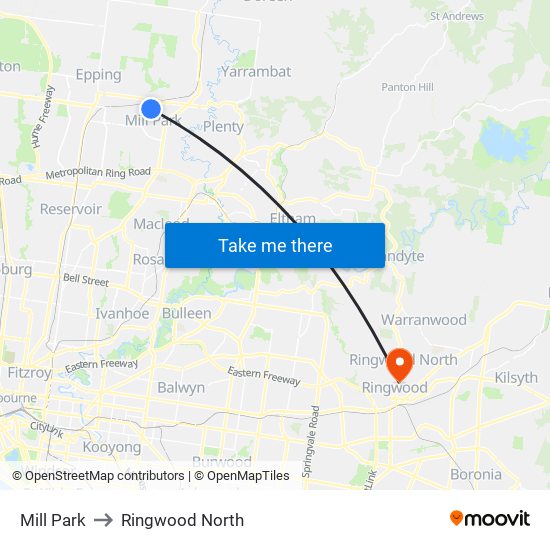 Mill Park to Ringwood North map