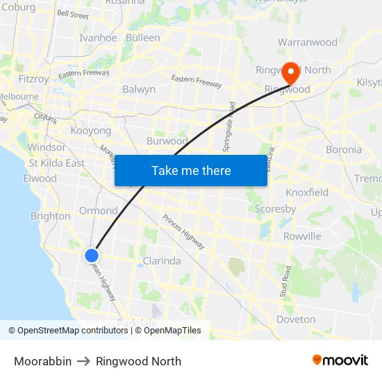 Moorabbin to Ringwood North map