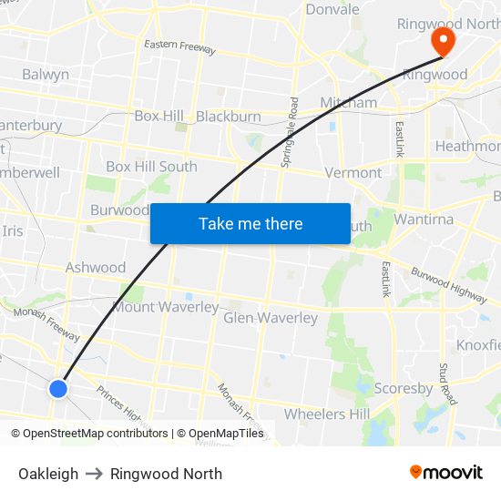 Oakleigh to Ringwood North map