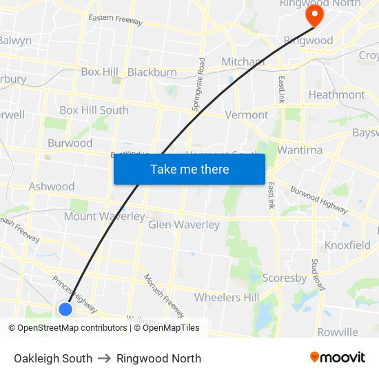 Oakleigh South to Ringwood North map