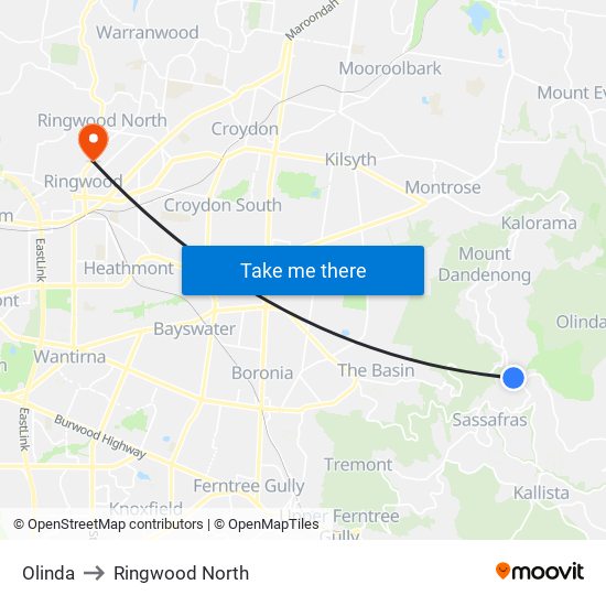 Olinda to Ringwood North map