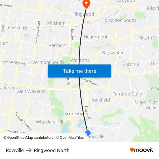 Rowville to Ringwood North map