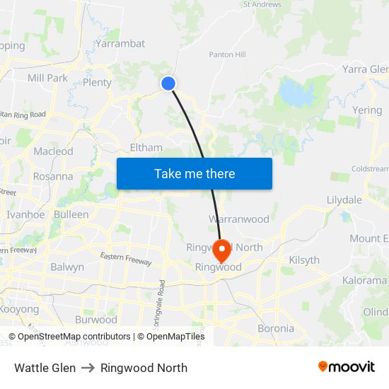 Wattle Glen to Ringwood North map