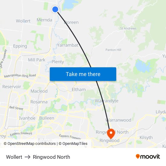 Wollert to Ringwood North map