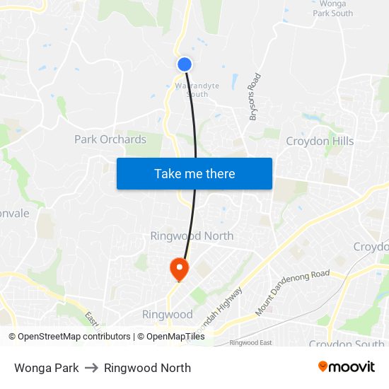 Wonga Park to Ringwood North map