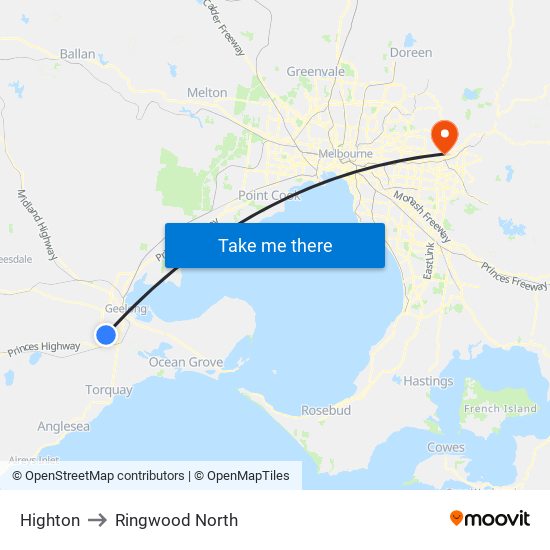 Highton to Ringwood North map