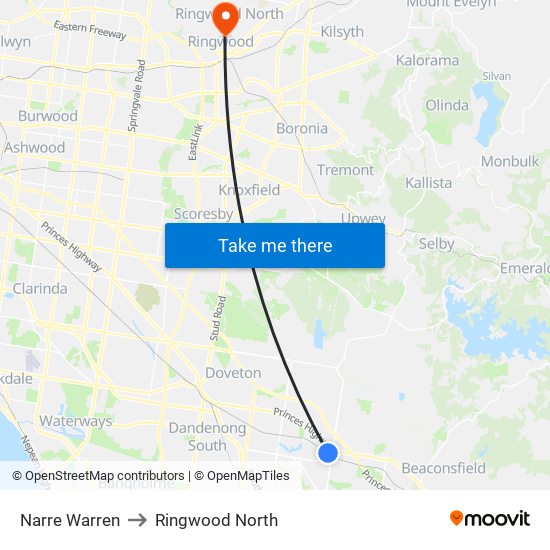 Narre Warren to Ringwood North map