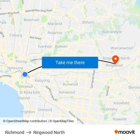 Richmond to Ringwood North map