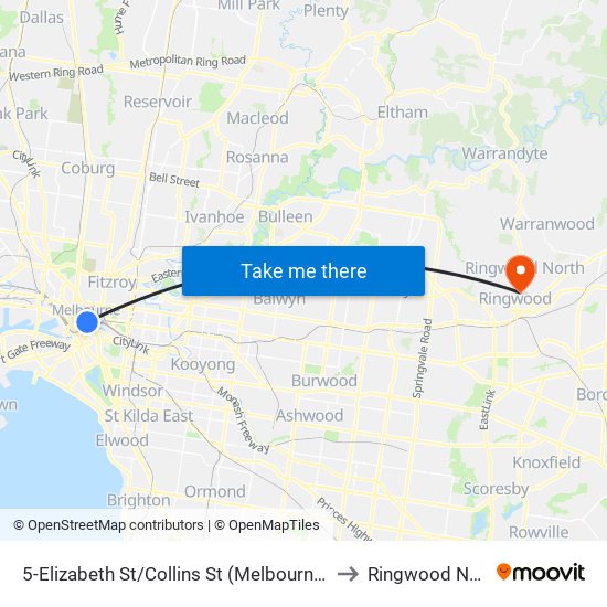 5-Elizabeth St/Collins St (Melbourne City) to Ringwood North map