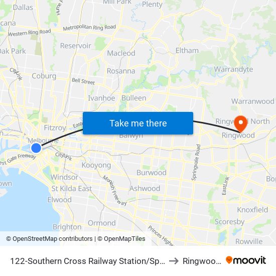 122-Southern Cross Railway Station/Spencer St (Melbourne City) to Ringwood North map