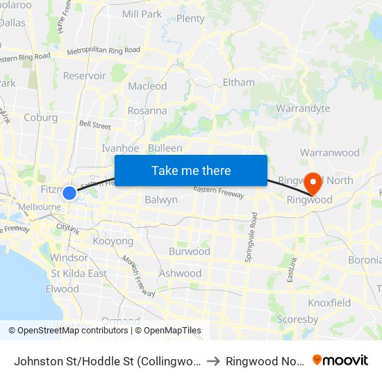 Johnston St/Hoddle St (Collingwood) to Ringwood North map