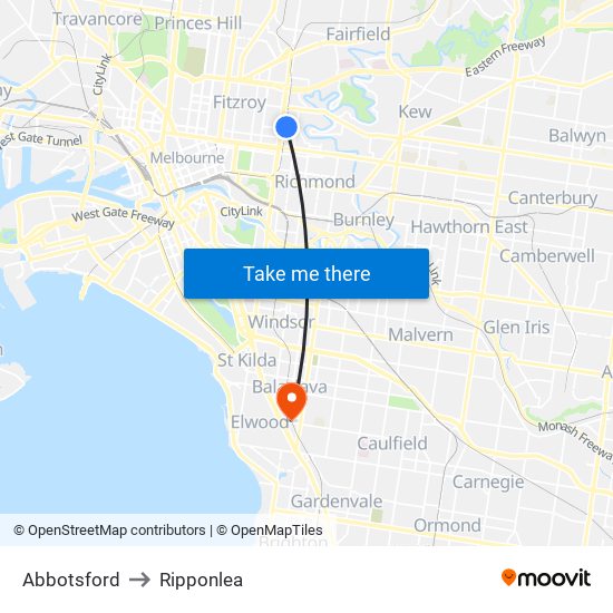 Abbotsford to Ripponlea map