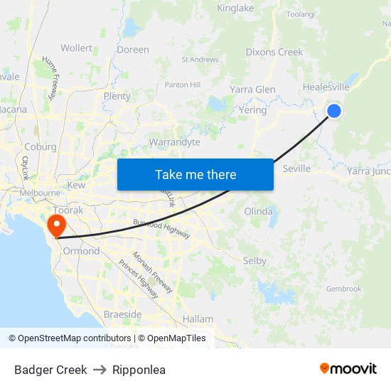 Badger Creek to Ripponlea map