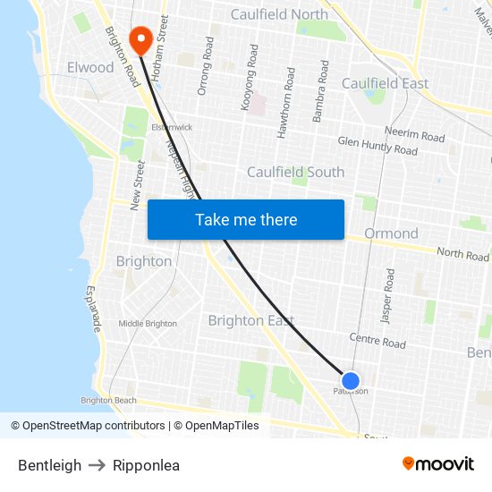 Bentleigh to Ripponlea map