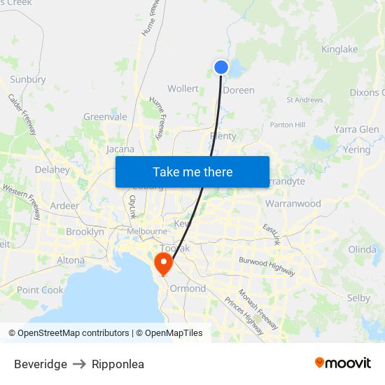 Beveridge to Ripponlea map