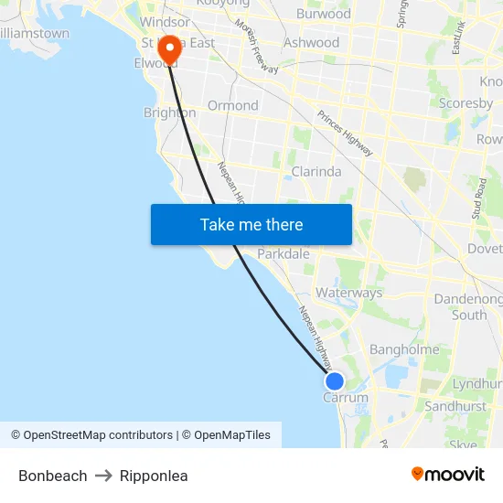 Bonbeach to Ripponlea map