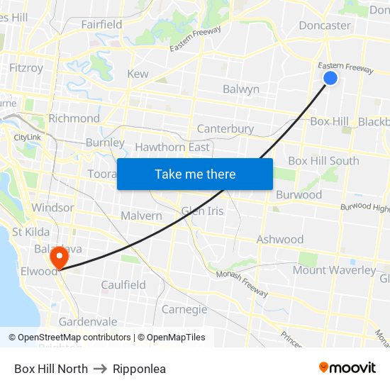 Box Hill North to Ripponlea map